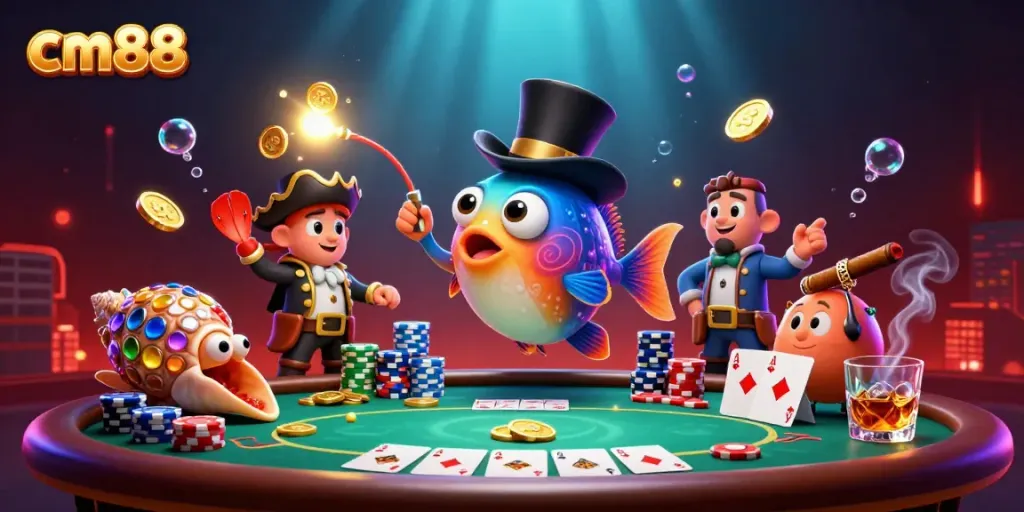 Catch golden coins and win at cm88 with the anglerfish as a poker dealer in this vibrant casino scene.