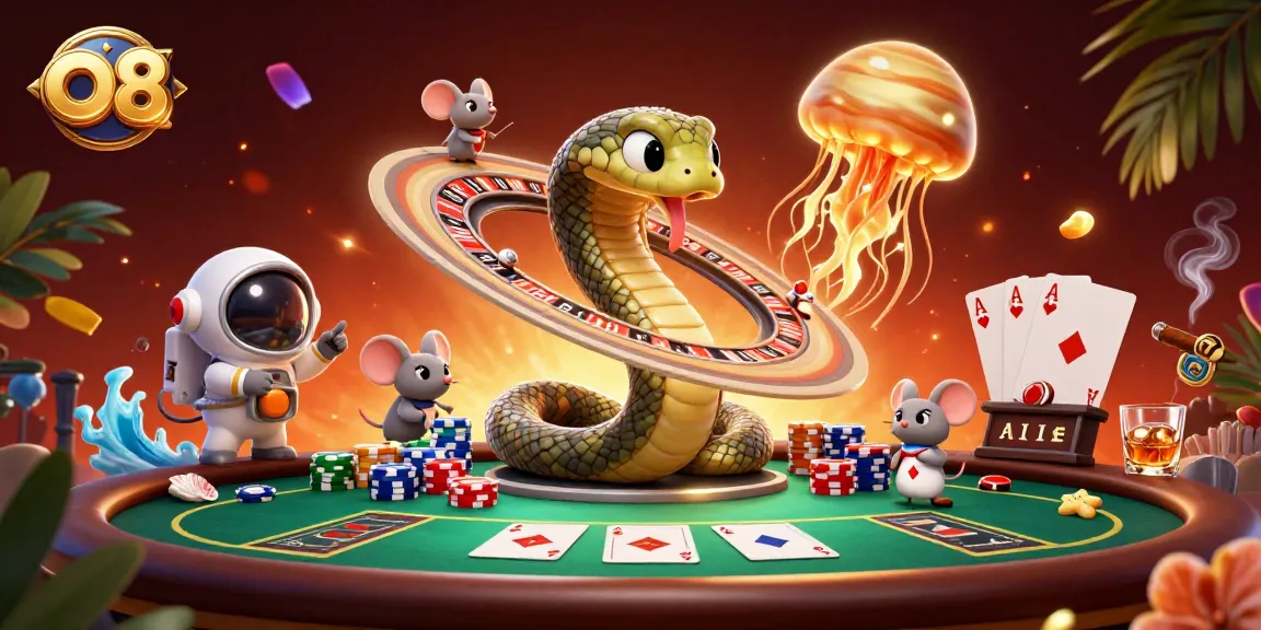 O8 betting scene featuring a Saturn snake and astronaut mice placing wagers in a cosmic casino