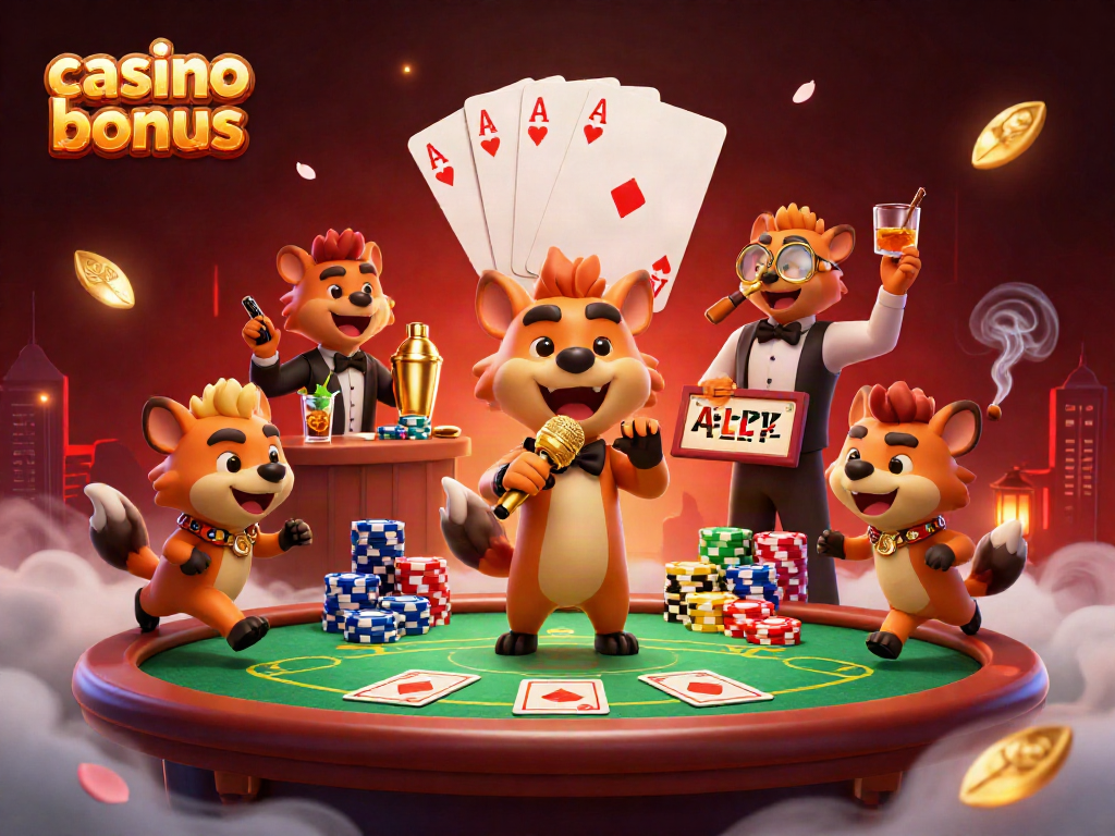 Engage with top Australian casino bonuses in a vibrant 3D illustration featuring hyenas in a lively comedy casino setting.