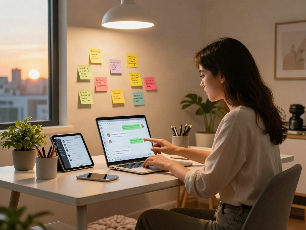 Youthful woman engaged with spicy chat ai on her laptop in a cozy home office.
